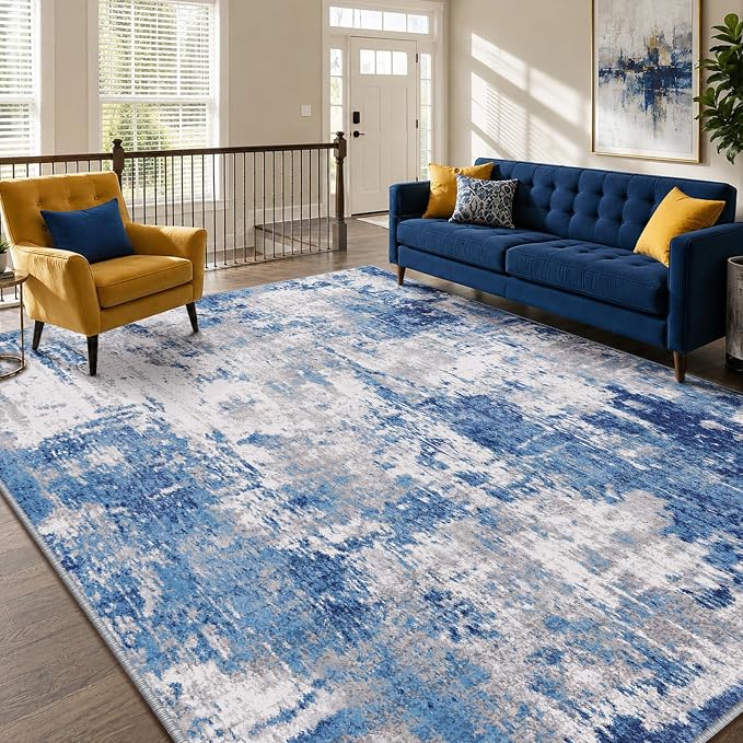 RELEANY Washable Area Rugs 6'x9' Non-Slip Modern Abstract Soft for Living Room Entryway Bedroom Kitchen, Print Pattern, Blue Grey Navy Gray