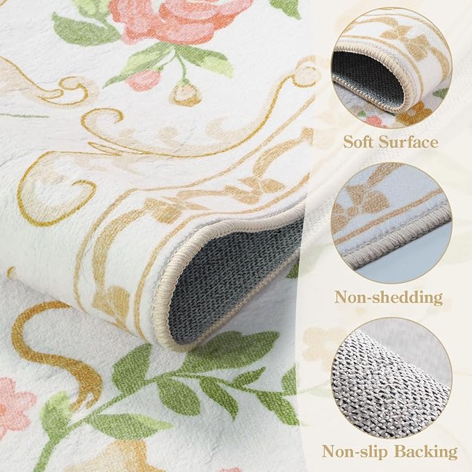 Collive Floral Rugs for Girls, 5x7 Boho Gold Bow Washable Area Rug for Living Room, Cute Ultra-Thin Non Slip Indoor Decor Carpet for Nursery Kids Room Bedroom Playroom