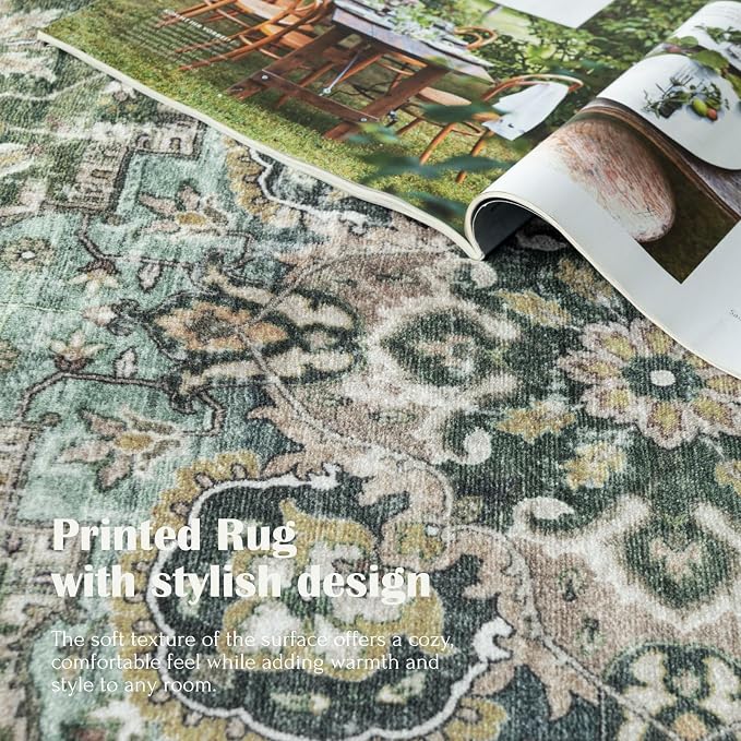 LUXRUG Washable Area Rug 8x10 - Large Moss Green Boho Rugs for Living Room Soft Vintage Bedroom Rug Ultra-Thin Oriental Farmhouse Distressed Carpet Non Slip Rug for Dining Room Guest Room Home Decor