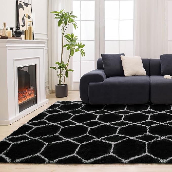 Fluffy Rug for Bedroom, Soft 5x7 Black Shag Plush Geometric Area Rugs | Modern Black and White Rug, Non Slip Carpet for Living Room, Aesthetic Home Decor, Fuzzy Floor Mat for Nursery Teen Dorm
