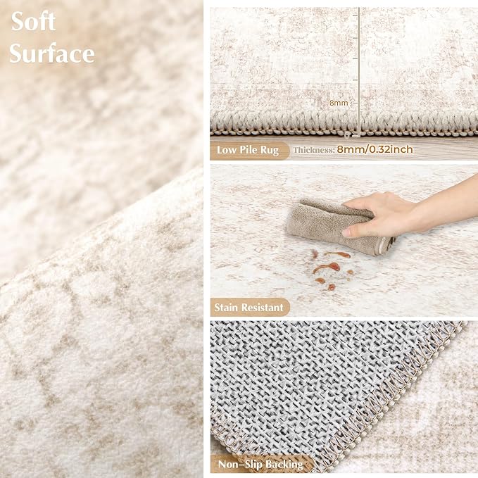 Vintage Living Room Area Rug - 6x9 Large Machine Washable Boho Moroccan Rug Distressed Farmhouse Rugs for Bedroom - Soft Non-Slip Indoor Carpet for Dining Room Office Nursery(Retro Beige, 6'x9')