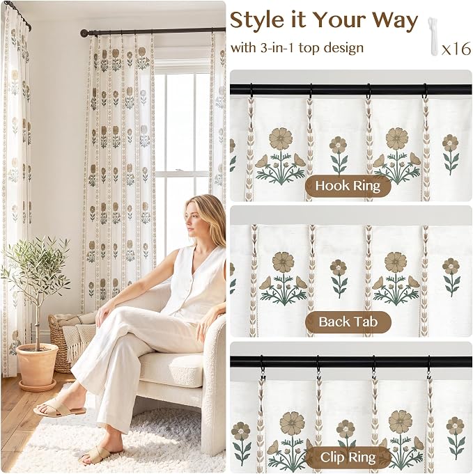 THREE GIRLS Pinch Pleated Light Filtering Linen Blend Floral Block Print Curtains for Bedroom, Dining Room, Living Room, Farmhouse, Memory Trained, Hooks, 2 Panels Set, 40"x95", Brown