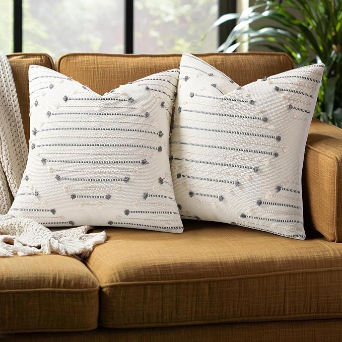 Mecatny Boho Summer Outdoor Throw Pillow Covers 22X22 Set of 2, Farmhouse Decorative Pillow Covers for Couch Sofa Living Room, Beige & Grey
