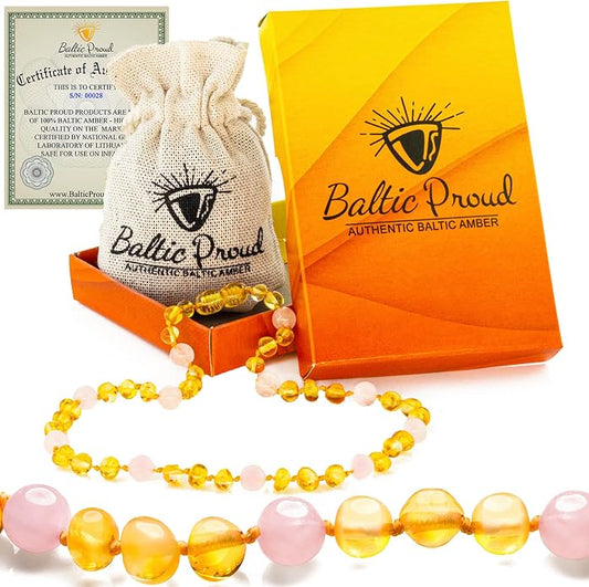 Baltic Proud Amber Necklace (Unisex Honey Rose Polished 12.5 Inches) - Certified Premium Quality Raw Baltic Sea Amber