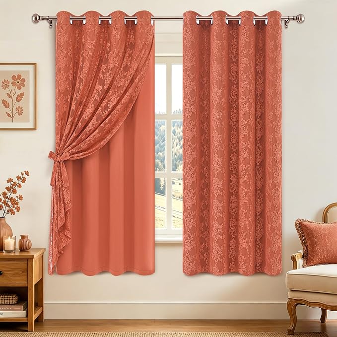 Yinhua Terracotta Curtains for Living Room Double Layer Curtain with Sheer Overlay Farmhouse Blackout Curtains for Bedroom 63 Inch Length, Grommet Drapes with Tiebacks, 2 Panels