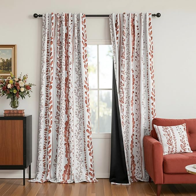 MEETSKY Boho Terracotta Blackout Curtains 84 Inches Long 2 Panels - Burnt Orange Curtains for Living Room Thermal Insulated Rod Pocket Drapes for Bedroom, Leaf Print Window Treatment, 50" Wide