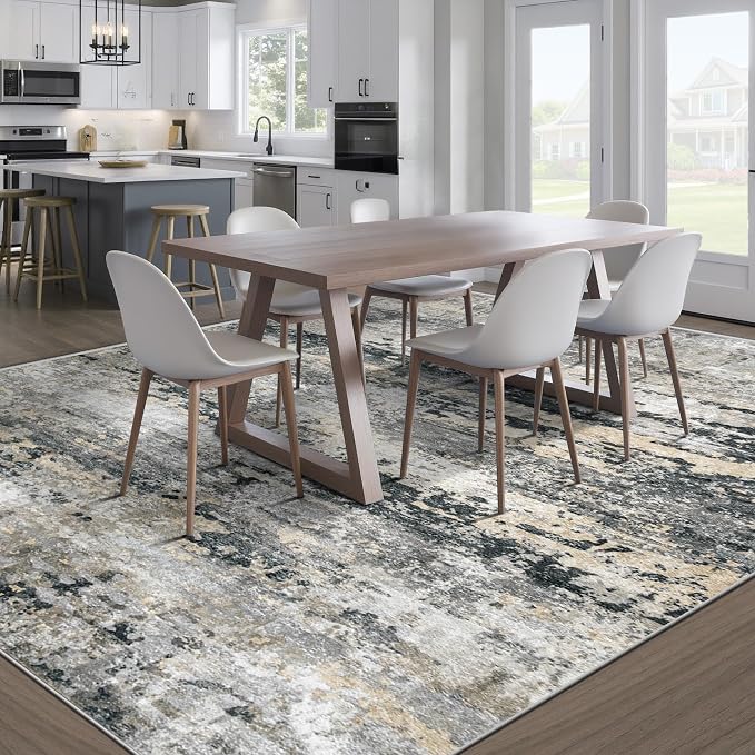 pmtsns Area Rugs 10x14 Living Room: Washable Rug Modern Abstract Neutral Soft Non-Slip Low-Pile Indoor Large Carpet for Bedroom Dining Room Playroom Home Office (Black Grey Brown, 10'x14')