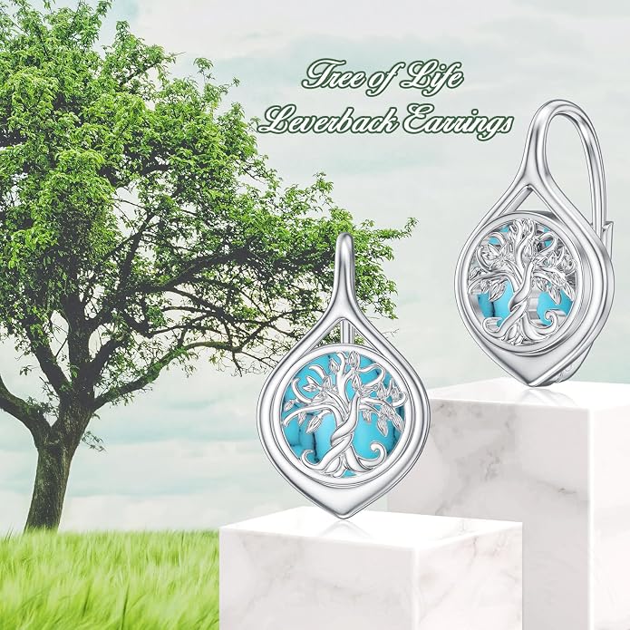 WINNICACA Leverback Earrings for Women 925 Sterling Silver Tree of Life Earrings Dangle Drop Turquoise Moonstone Moss Agate Heart Jewelry Gifts for Women Her Wife Anniversary Birthday Gifts