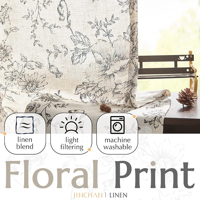 jinchan Black Floral Linen Curtains 96 Inch Farmhouse Back Tab 2 Panels | Light filtering drapes, semi sheer, farmhouse, cottagecore, rustic, living room, bedroom, rod pocket, window treatment