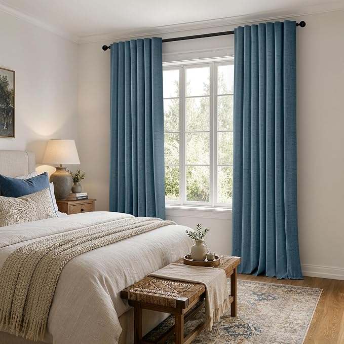 MIULEE 100% Blackout Linen Curtains 42 x 108 Inch Stone Blue 2 Panel | Thermal Insulated, Room Darkening Drapes for Bedroom Living Room, Back Tab Rod Pocket Pinch Pleated, Solid Luxury Decor