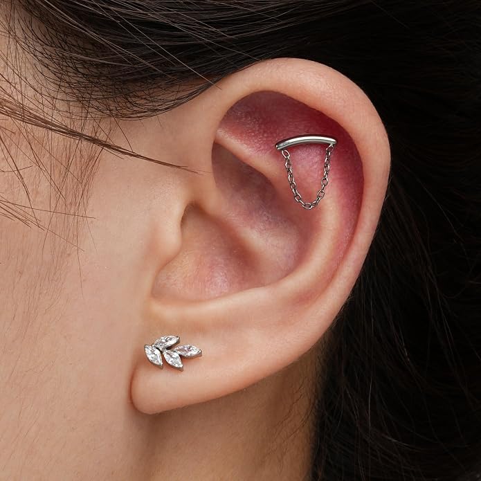 FINE4U 1PC Leaf Flat Back Stud Flat, Helix, Conch, Tragus 6mm 8mm - ASTM F136 Titanium Screw on Body Piercing Jewelry