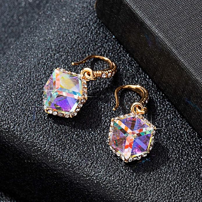 Austrian Crystal Cube Drop Dangle Earrings for Women 14K Gold Plated Hypoallergenic Jewelry