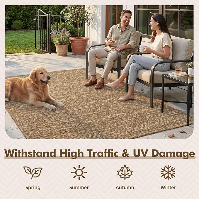MontVoo-Outdoor Rug-Patio Rug 4x6 Polypropylene Indoor Outdoor Rugs Outdoor Carpet for Patio Deck Balcony Porch, Textured Weave, Durable for High Traffic, Fade-Resistant, Boho Farmhouse Neutral Brown