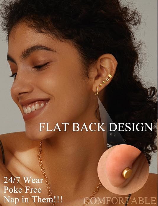 LOLIAS 21Pairs Surgical Steel Flat Back Earrings Hypoallergenic 20G Screw Back Nap Stack Cartilage Earring Stacks
