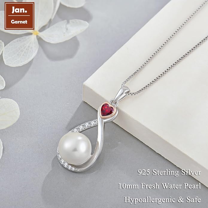 Heart Birthstone Pearl Pendant Necklace, 925 Sterling Silver Infinity Necklace with 10mm Freshwater Cultured Pearl & 4mm Gemstone Jewelry for Women
