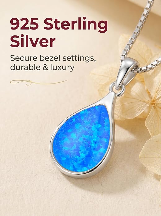 Teardrop Opal Necklace for Women - 925 Sterling Silver October Birthstone Pendant Necklace, Dainty Pear Shape Gemstone Jewelry Gif for Her, Adjustable Box Chain