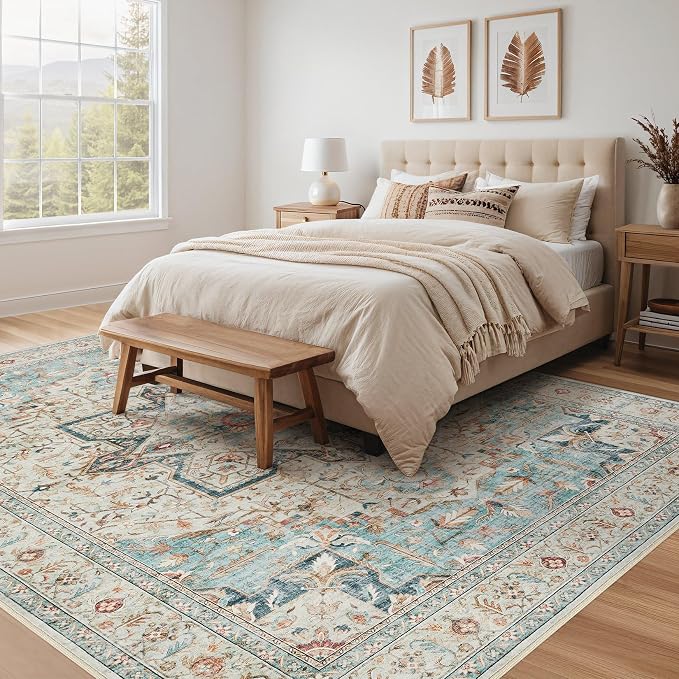 Tortania Area Rug Living Room Rugs - 12x15 Washable Boho Rug Vintage Oriental Distressed Farmhouse Large Thin Indoor Carpet for Living Room Bedroom Under Dining Table Home Office - Aqua Multi