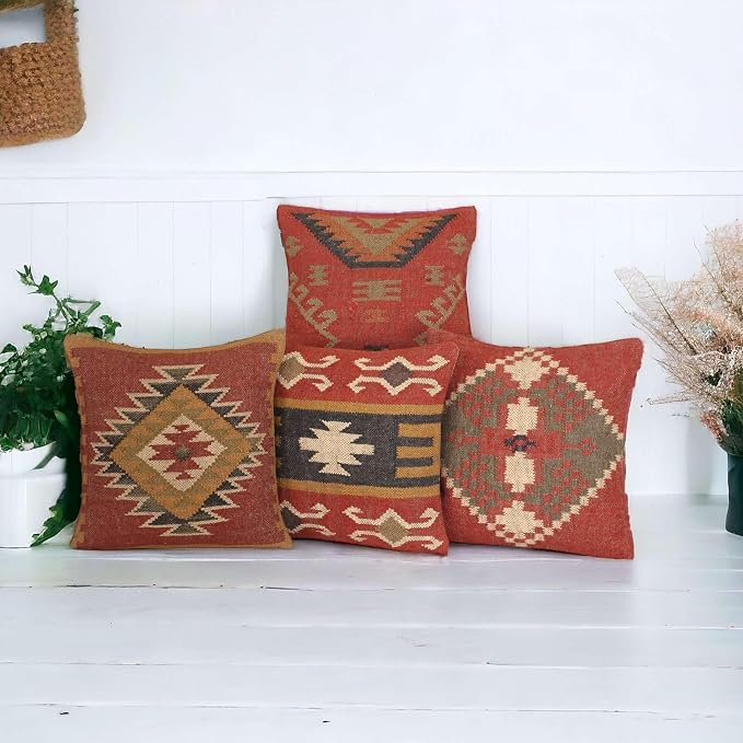 Set of 4 Wool Jute Vintage Kilim Cushion Covers,Home Decor Pillowcases Handwoven Turkish Pillow Decorative Throw Pillow Covers (Multicolor-9), 18x18 inch
