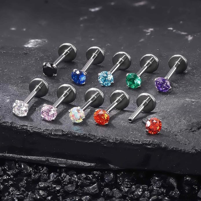 Ruifan Titanium Flat Back Lip Rings Threadless Push in Earrings Studs Nose Rings 20G 18G 16G Mix Colors CZ Tragus Cartilage Lobe Rook Helix Conch Labret Medusa Nostril Piercing Jewelry for Women Men