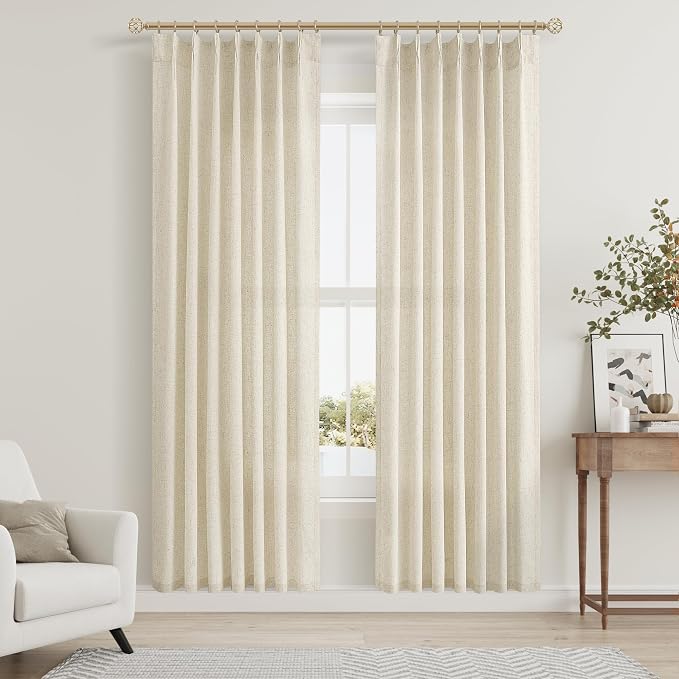Aersas Beige Pinch Pleated 80 Inch Curtains Semi Sheer Linen Blend Light Filtering Window Curtains 80 Inches Long for Living Room Bedroom Boho Cream Beige Pinch Pleat Drapes with Hooks 2 Panels Set
