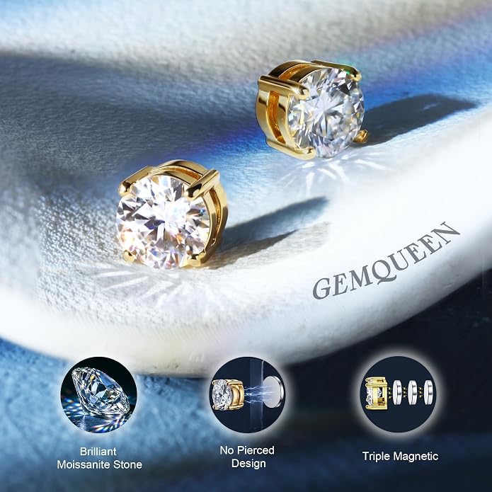 GEMQUEEN Moissanite Magnetic Earrings for Men Women : 18K White Gold Plated Hypoallergenic Stainless Steel Non Piercing Clip on Fake Earrings Studs Dainty Moissanite Earring Jewelry D Color VVS1