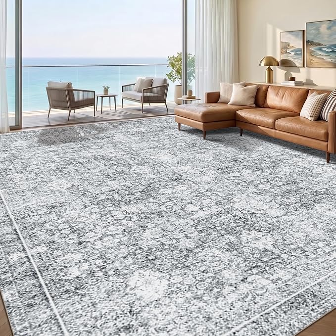 Sasttie 9x12 Area Rug, Ultra-Soft Washable Rug, Low Pile Foldable Thin Carpets with Non-Slip Backing, Skin-Friendly Stain Resistant Carpet for Living Room, Bedroom, Kitchen, Dorm, 9x12, Light Grey