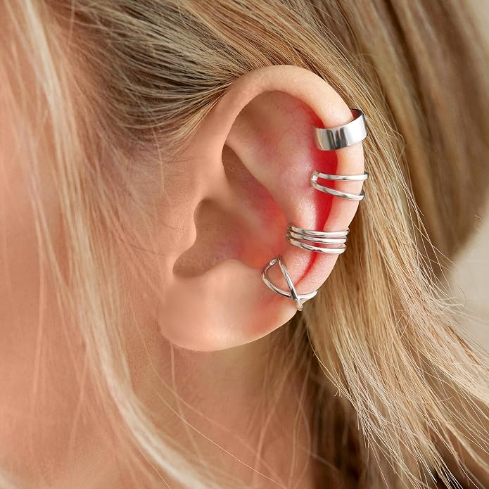 CHIC & ARTSY Sterling Silver Ear Cuff Set - Hypoallergenic, Simple, Adjustable No Piercing Clip on Earrings