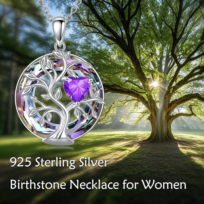 Tree Of Life Birthstone Necklace 925 Sterling Silver Crystal Family Tree Pendant Necklaces Heart Birthstone Jewelry For Women Female Anniversary Birthday Gifts