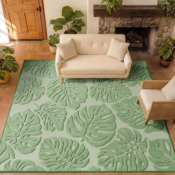 Sage Green Monstera Area Rug 8x10, High-Low Plush Pile Washable Rugs for Living Room Bedroom, Tropical Non Slip Nursery Carpet Soft Indoor Shag Rugs for Dining Room