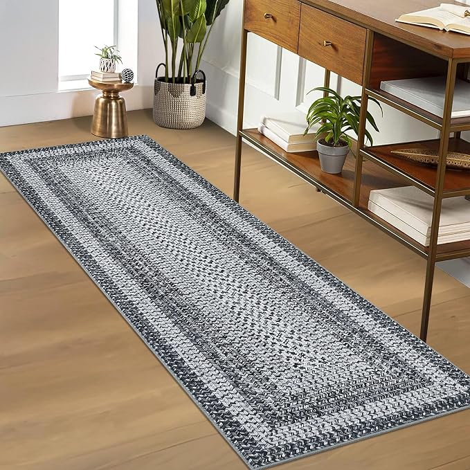 RUGSREAL Runner Rug for Hallway Kitchen Runner 2x10, Machine Washable Long Runner Throw Mat, Non Slip Entryway Rug Stain Resistant Braided Printed Carpet for Bedroom Living Room, Grey