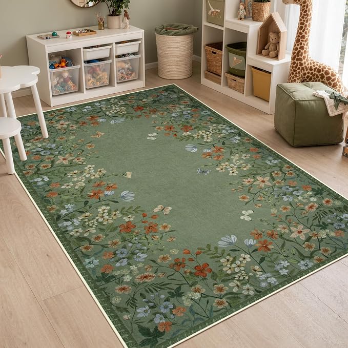 Wonnitar 4x6 Washable Area Rug, Green Floral Rug for Living Room, Boho Rug for Bedroom, Non Slip Ultra Thin Entryway Carpet, Farmhouse Kitchen Home Office Decor (4x6 Green)