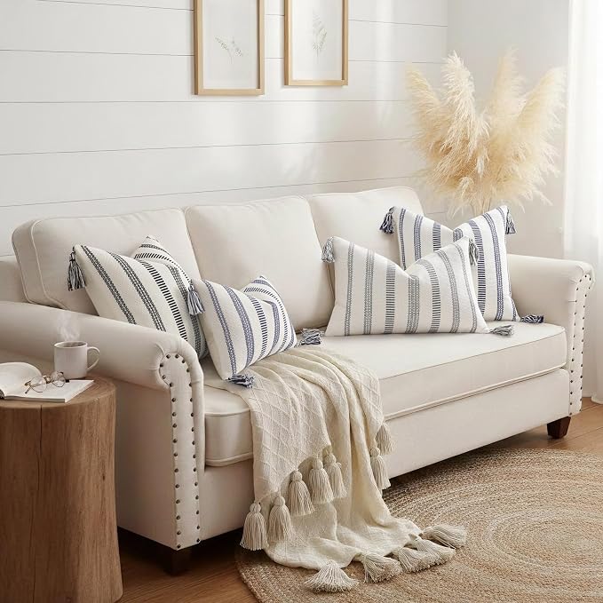 Smile Bee Boho Outdoor Couch Throw Pillow Covers Set of 2 Decorative Thick Woven Striped Accent Neutral Pillow Covers with Tassels for Bed Sofa Home Decor 20x20 Inch, Grey and Cream White | Woven Cozy Boho Decorative Modern Farmhouse Accent Pillow Case...