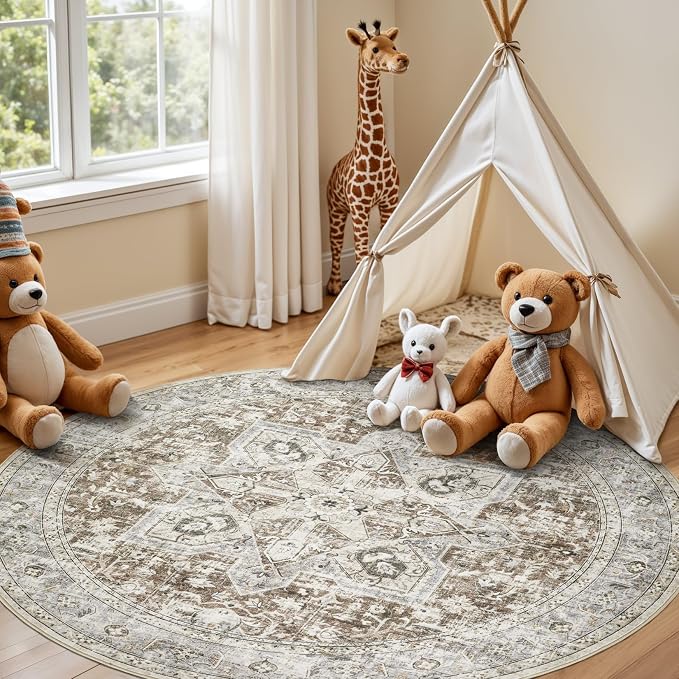 Tortania 7' Round Area Rug Living Room Rugs - Washable Boho Rug Vintage Oriental Distressed Farmhouse Large Thin Indoor Carpet for Bedroom Under Dining Table Home Office - Brown Blue