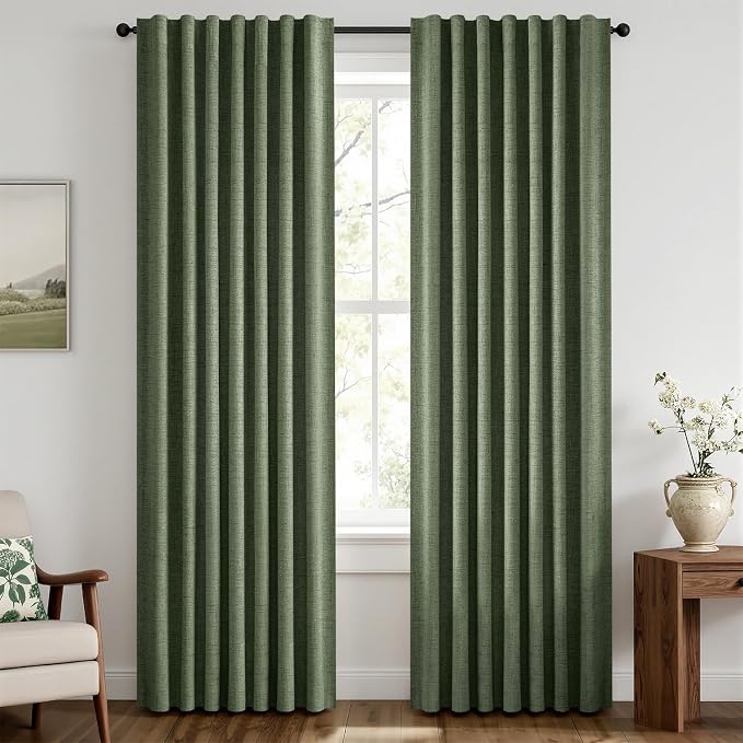 MIULEE 100% Blackout Linen Curtains 42 x 90 Inch Olive Green 2 Panels | Thermal Insulated, Room Darkening Drapes for Bedroom Living Room, Back Tab Rod Pocket Pinch Pleated, Solid Luxury Decor