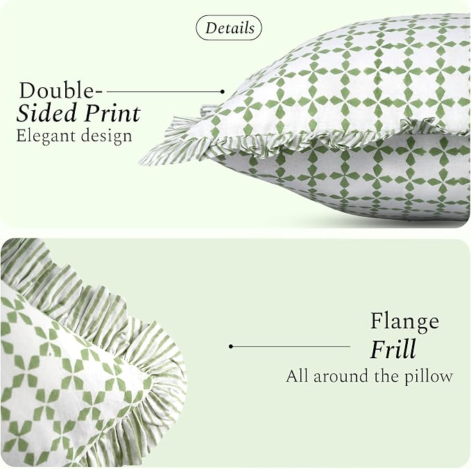 CPC Kelly Green Hand Block Print 100% Cotton Ruffle Throw Pillow Cover 24x24 inch with Hidden Zipper Decorative for Couch, Bed, Sofa, Farmhouse, Cottagecore Decor Gift Christmas Fall Thanksgiving
