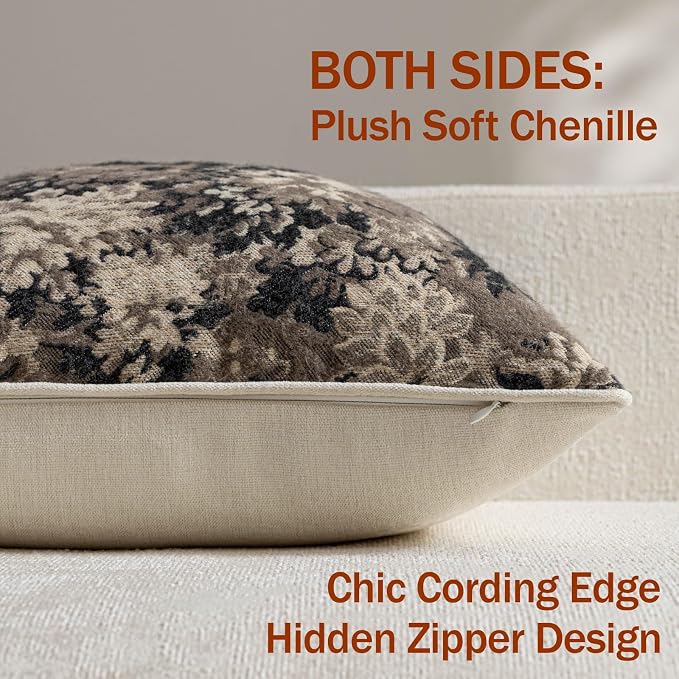DEZENE Pack of 2 Vintage Floral Euro Sham Covers 24x24 Boho Farmhouse Accents Chenille Square Decorative Throw Pillow Cases for Living Room Couch Bed Home Decor, Taupe
