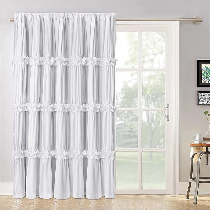 Homechoice Decor White Room Divider Curtains, 100" W x 84" L | Boho Ruched Blackout Window Treatments with 3 Rows of Butterfly Flowers, Rustic Rod Pocket Sliding Door Curtains (LQ-30)
