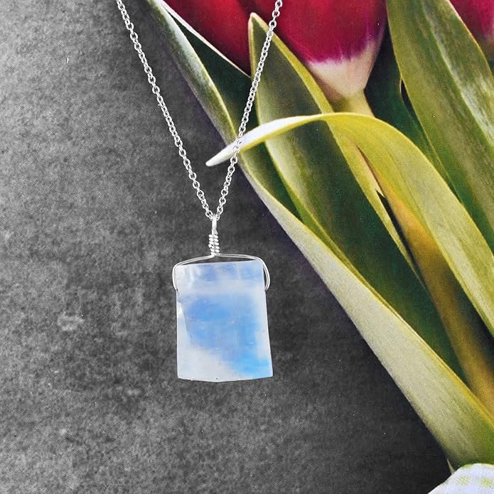 Natural Raw Gemstone Crystal Dainty Pendant Necklace for Women, Healing Chakra Stone, Birthstone, Handmade Jewelry, Rhodium Plated 925 Sterling Silver Chain 18" Gift for her