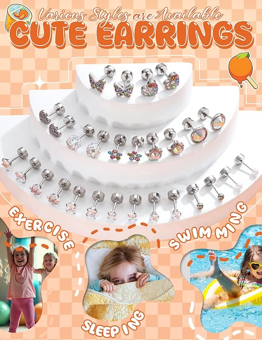 LOYALLOOK 14Pairs Hypoallergenic Screwback Earrings for Women Girls Tiny CZ Pearl Ball Heart Flower Screw Back Earring Studs 316L Stainless Steel Stud Earrings Flatback 20G Over 3 Years Old