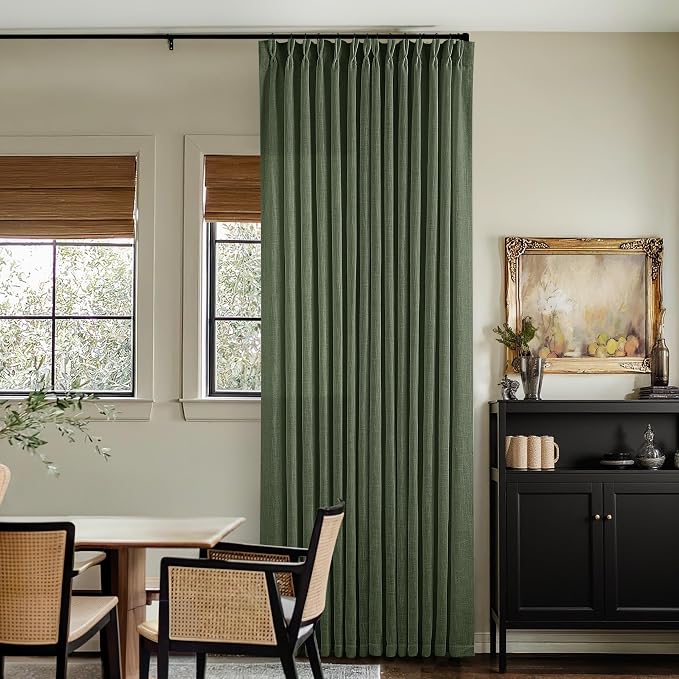 TWODRAPES Loden 120 Inch Long Curtains Extra Long Olive Green Linen Pinch Pleated Curtains 2 Panels for Living Room Bedroom Thick Linen Pleated Hooks Rings Back Tab 120 Inch Drapes for Large Window