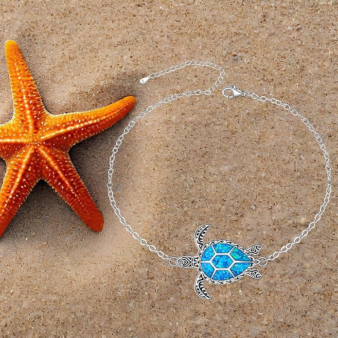 Fenthring Turtle Anklets for Women Turtle Ankle Bracelet Blue Opal Sea Sterling Silver Infinity Wave Ocean Beach Summer Jewelry Mothers Day