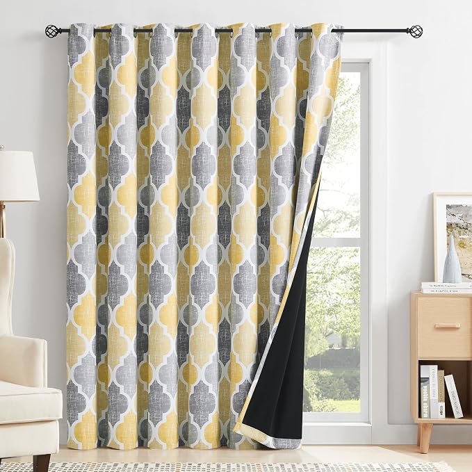 Beauoop Moroccan 100% Blackout Sliding Door Curtains Yellow Grey 100x84x1 | Geometric Room Darkening Patio Curtains Extra Wide Room Divider Drapes 1 Panel Thermal Soundproof Window treatment Grommet