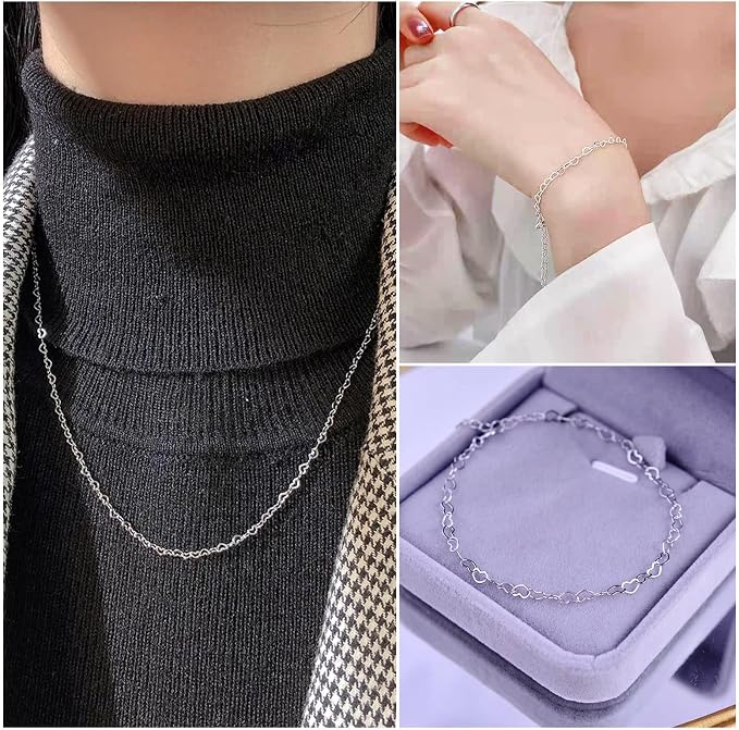 Elecrelive 925 Sterling Silver Heart Chains 3.28 Feet Heart Link Chain Necklace Roll Permanent Jewelry for Women Necklace Bracelet Making