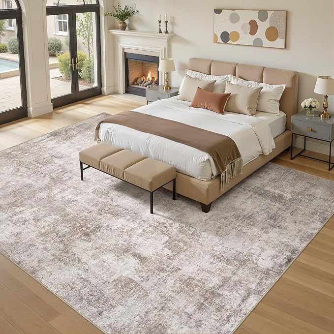 10x14 Area Rugs for Living Room, 10x14 Rug Washable High-Low Pile | Neutral Modern Abstract Carpet, Non Slip Lightweight Soft Made for Dining Room, Home Office Indoor Decor - Brown