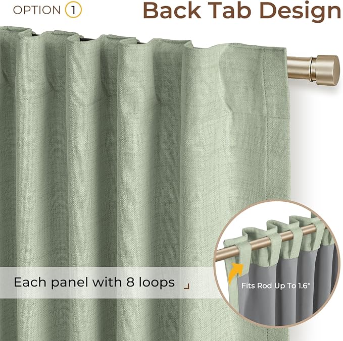INOVADAY 100% Blackout Curtains 108 Inches Length 2 Panels Set, Back Tab/Rod Pocket Linen Black Out Curtains for Bedroom, Thermal Insulated Window Drapes - Sage Green, W50 X L108