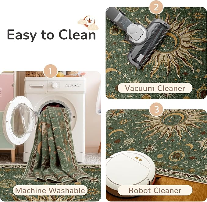 Vacuum-Friendly, 8x10 Washable Area Rug, Green Brown | Sun and Moon Boho Gothic Non-Slip Low Pile Living Roon Bedroom Dining Room Kitchen Entry Entryway Entrance Hallway Doormat