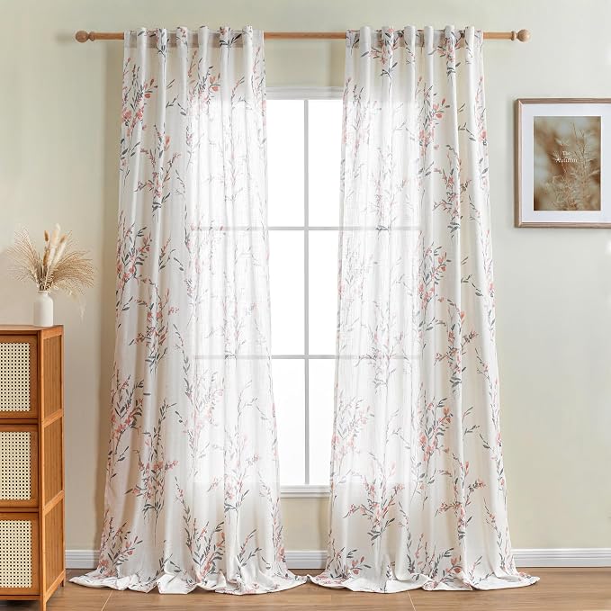 MYSKY HOME 95 Inch Coral Curtains Semi Sheer Linen Blended Window Curtain Panels for Living Room Light Filtering Privacy Protect Drapes Set Farmhouse Style Texture Soft Touch, 50" x 95", Coral, 2 Pcs