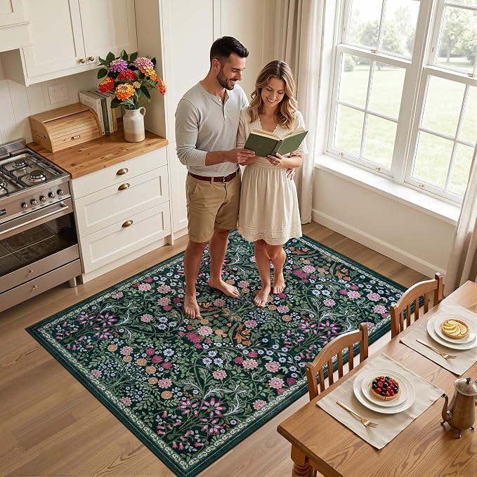 Area Rug Living Room Rugs: Floral 3x5 Washable Rug Vintage Soft Boho Non-Slip Carpet Indoor Floor Stain Resistant Large Carpets for Bedroom Dining Room Farmhouse Nursery Hallway Dark Green