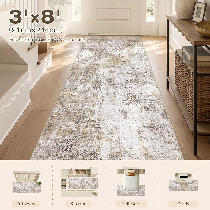 Washable Runner Rug 3x8, Non Slip Neutral Area Rug for Hallway | Modern Abstract Carpet, Stain Resistant and Kid & Pet Friendly, Made for Kitchen, Bedroom, Laundry, Kitchen - Gold Brown
