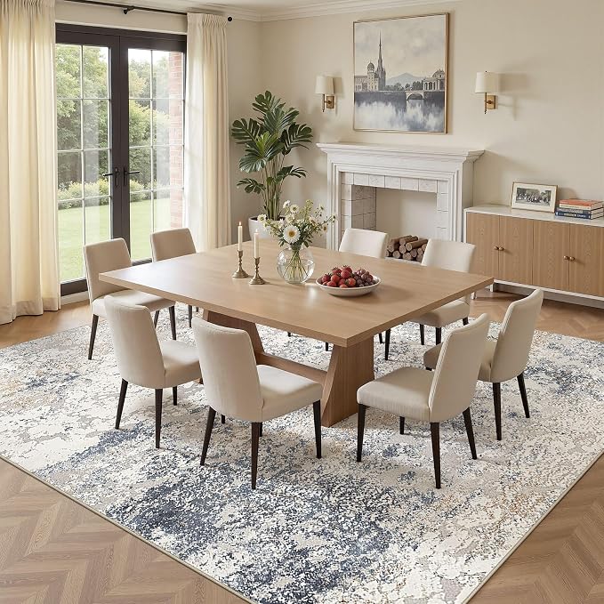 DMOYEST Square Area Rug Living Room Rugs - 10x10 Washable Large Soft Indoor Neutral Modern Abstract Low Pile Rug Carpet for Bedroom Dining Room Farmhouse Home Office - Beige Blue